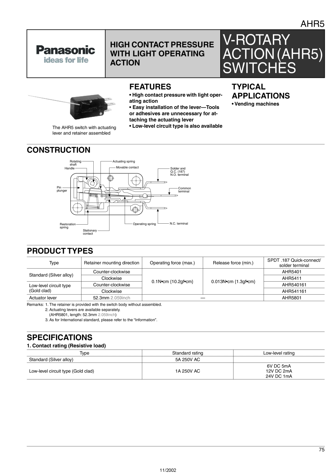 Panasonic AHR5 specifications High Contact Pressure With Light Operating Action, Features, Typical Applications, Switches 