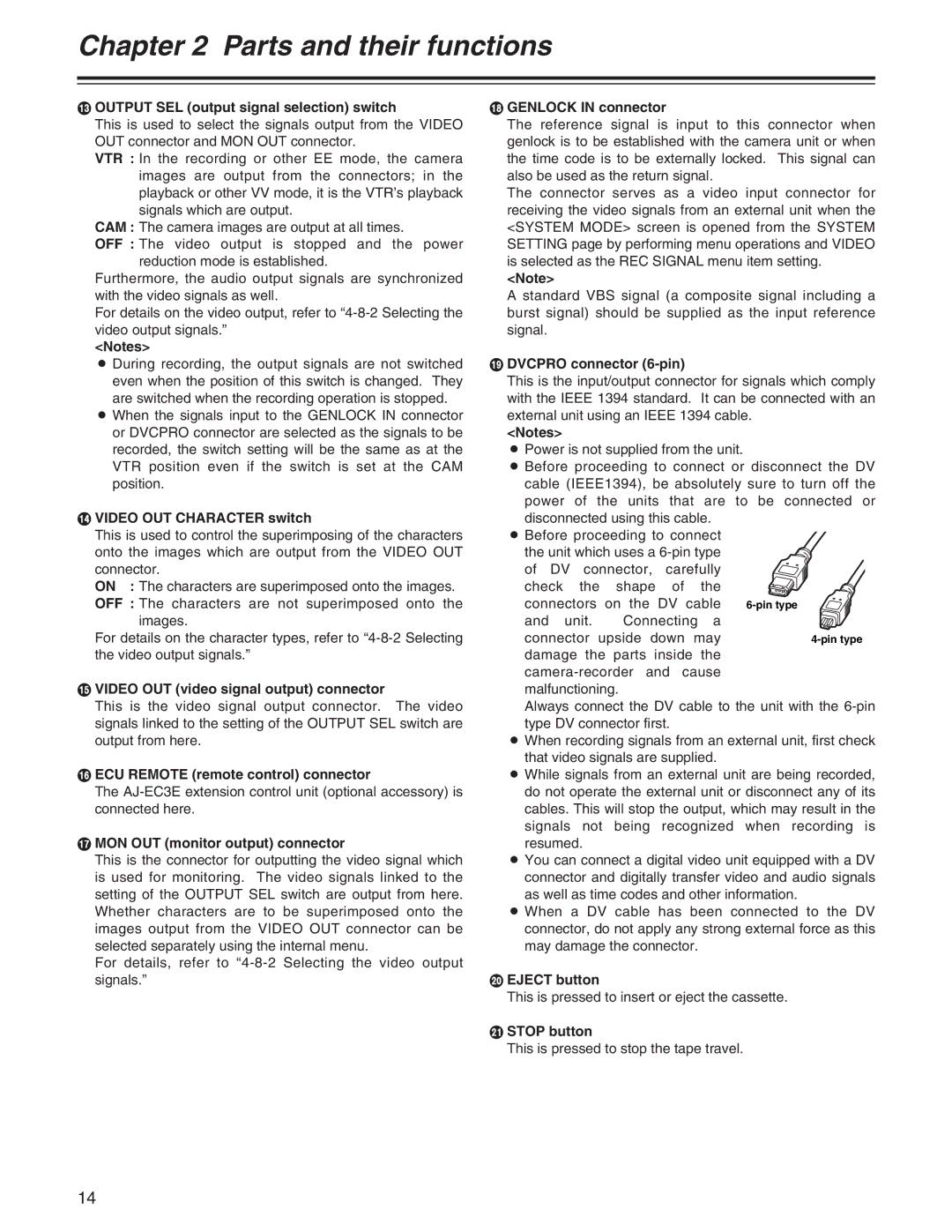 Panasonic AJ- E = Output SEL output signal selection switch, Video OUT Character switch, MON OUT monitor output connector 