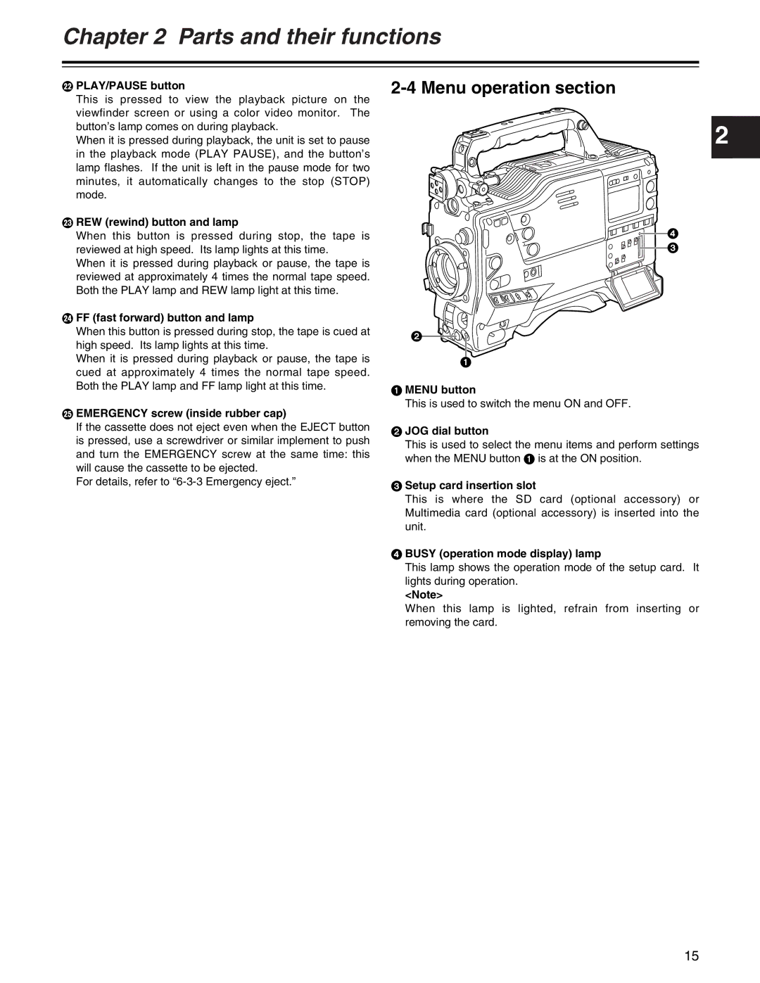 Panasonic AJ- E operating instructions Menu operation section 