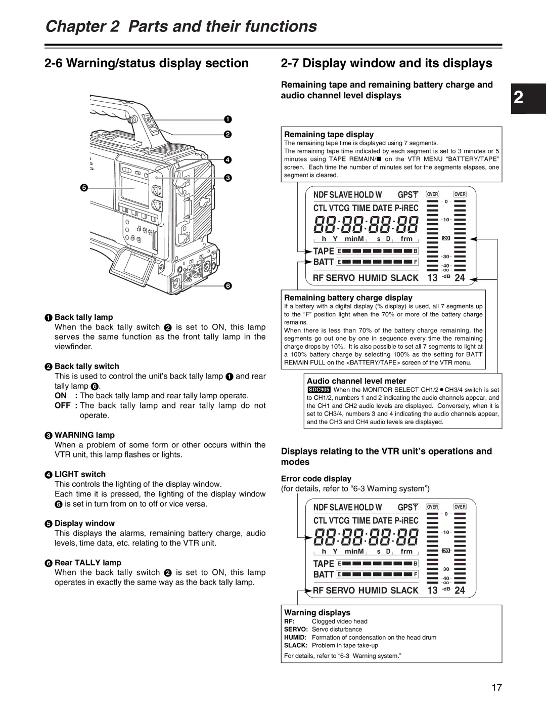 Panasonic AJ- E Display window and its displays, Remaining tape and remaining battery charge, NDF Slave Hold W 