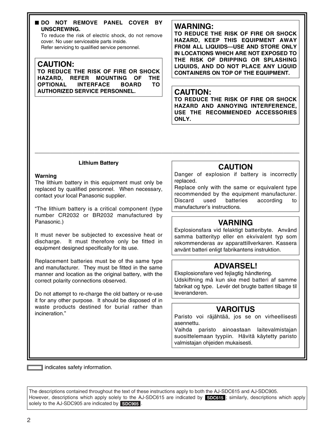 Panasonic AJ- E operating instructions $ do not Remove Panel Cover by Unscrewing, Lithium Battery 