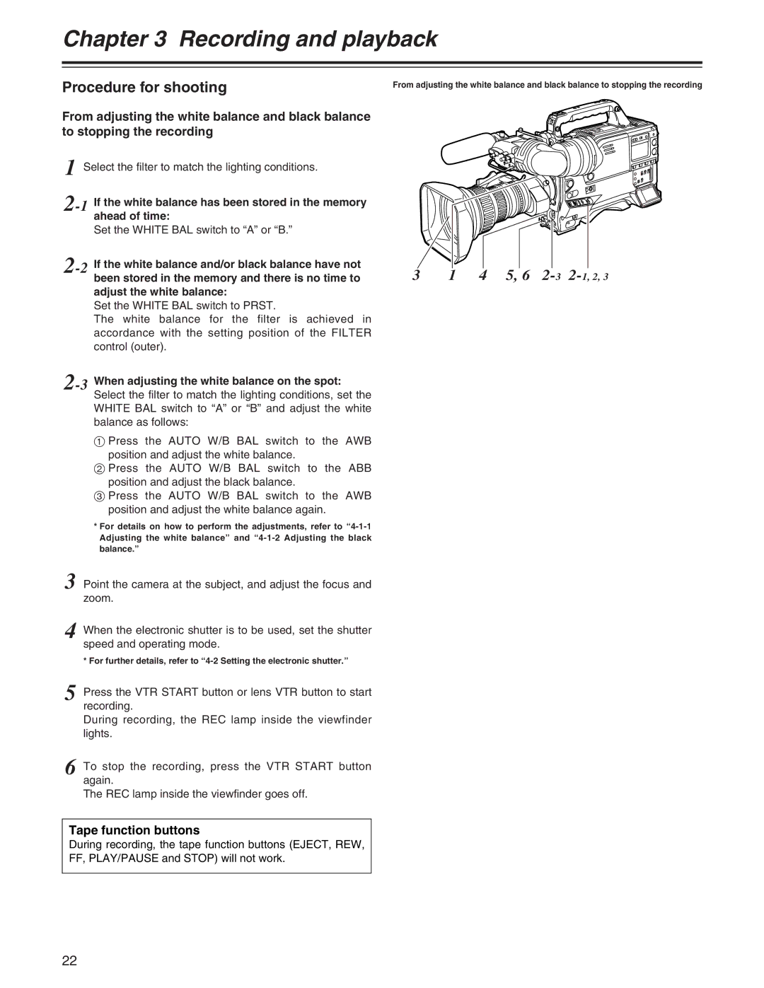 Panasonic AJ- E operating instructions Procedure for shooting, Tape function buttons, Adjust the white balance 