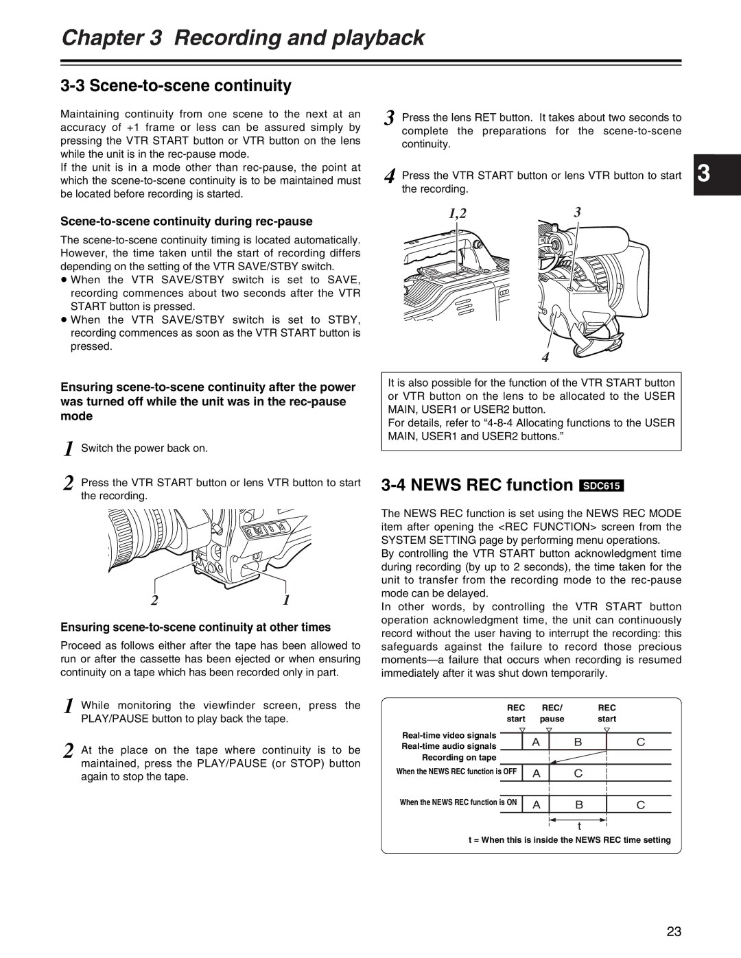 Panasonic AJ- E operating instructions News REC function SDC615, Scene-to-scene continuity during rec-pause, Rec 