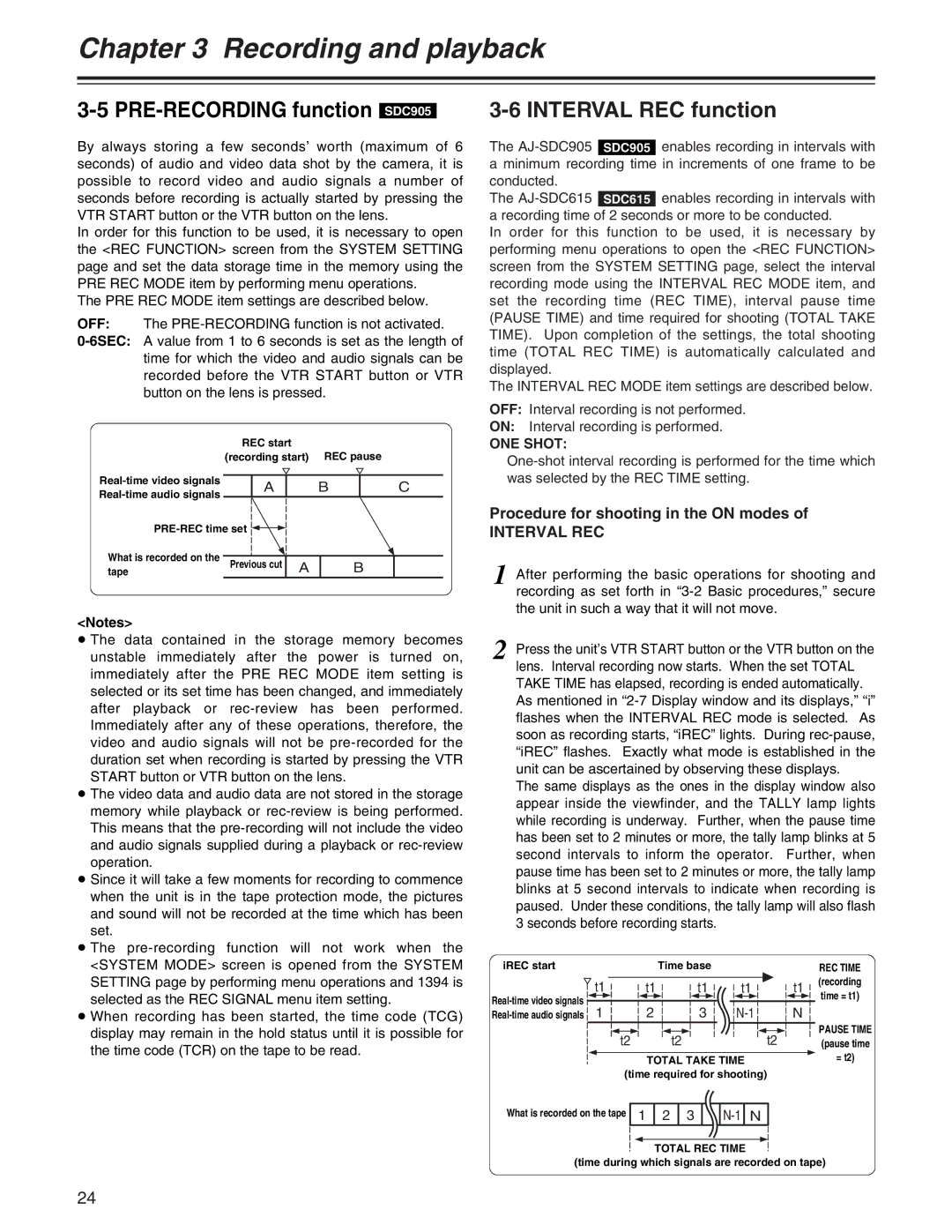 Panasonic AJ- E PRE-RECORDING function SDC905, Interval REC function, Procedure for shooting in the on modes, ONE Shot 