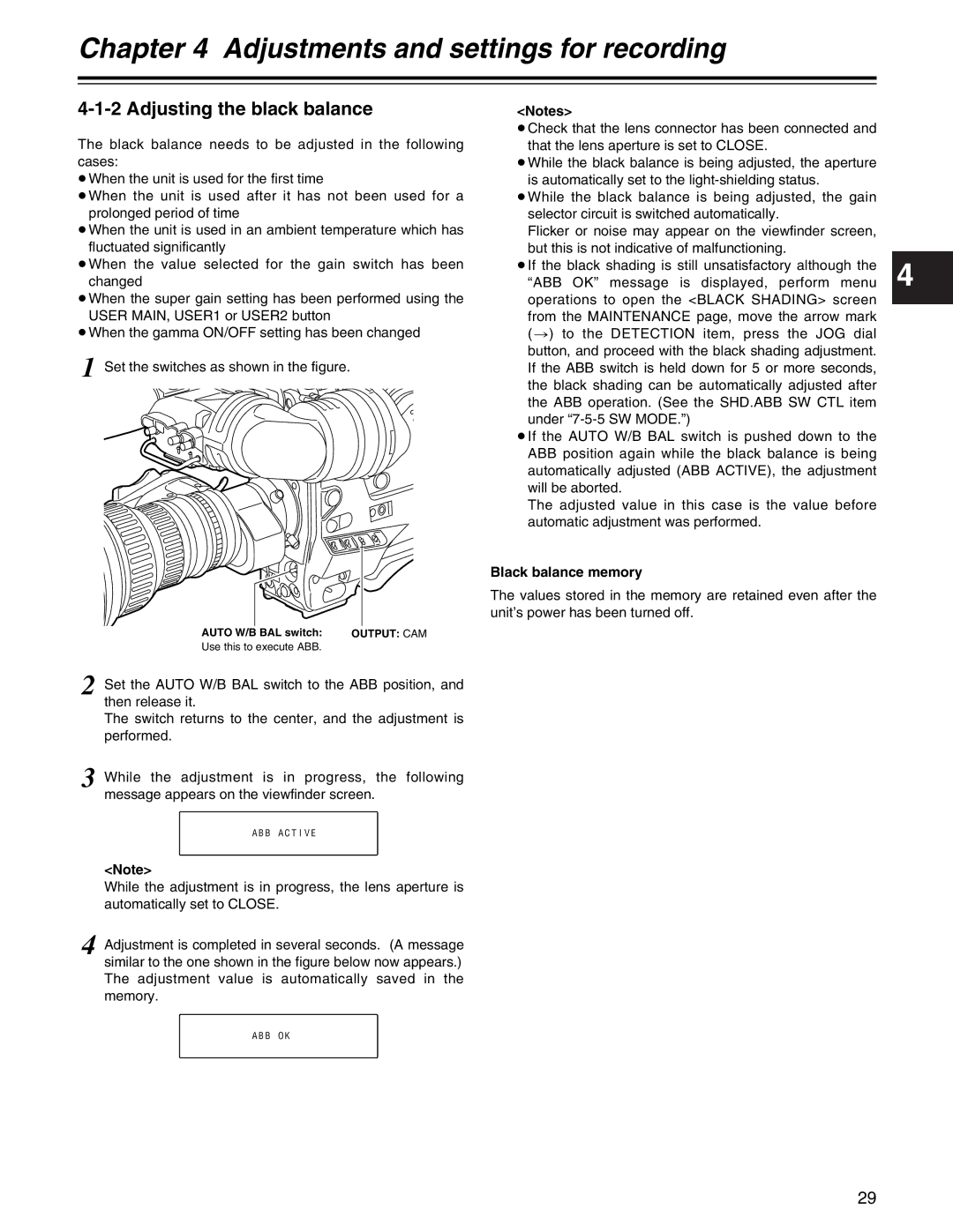 Panasonic AJ- E operating instructions Adjusting the black balance, Black balance memory, Use this to execute ABB 