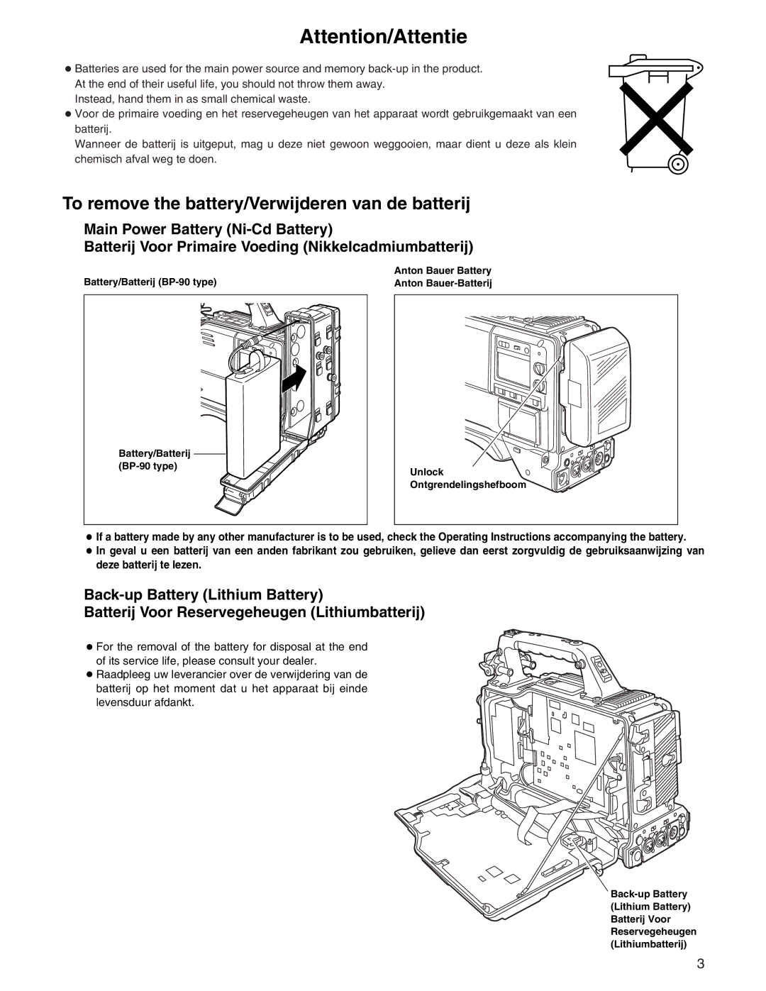 Panasonic AJ- E operating instructions To remove the battery/Verwijderen van de batterij 