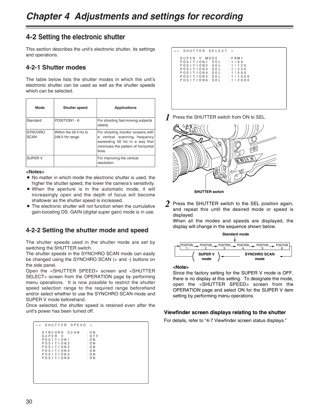 Panasonic AJ- E Setting the electronic shutter, Shutter modes, Setting the shutter mode and speed, Super Synchro Scan 