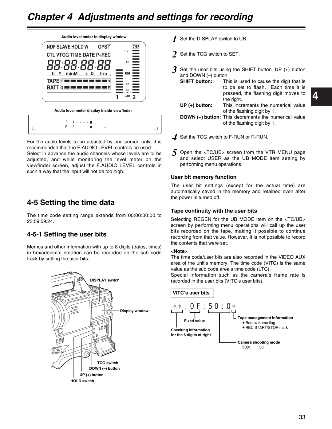 Panasonic AJ- E Setting the time data, Setting the user bits, CTL Vtcg Time Date P-iREC, User bit memory function 