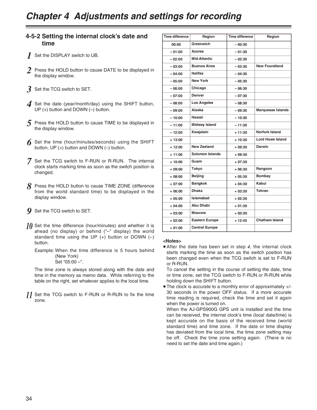 Panasonic AJ- E operating instructions Setting the internal clock’s date and time, Region 