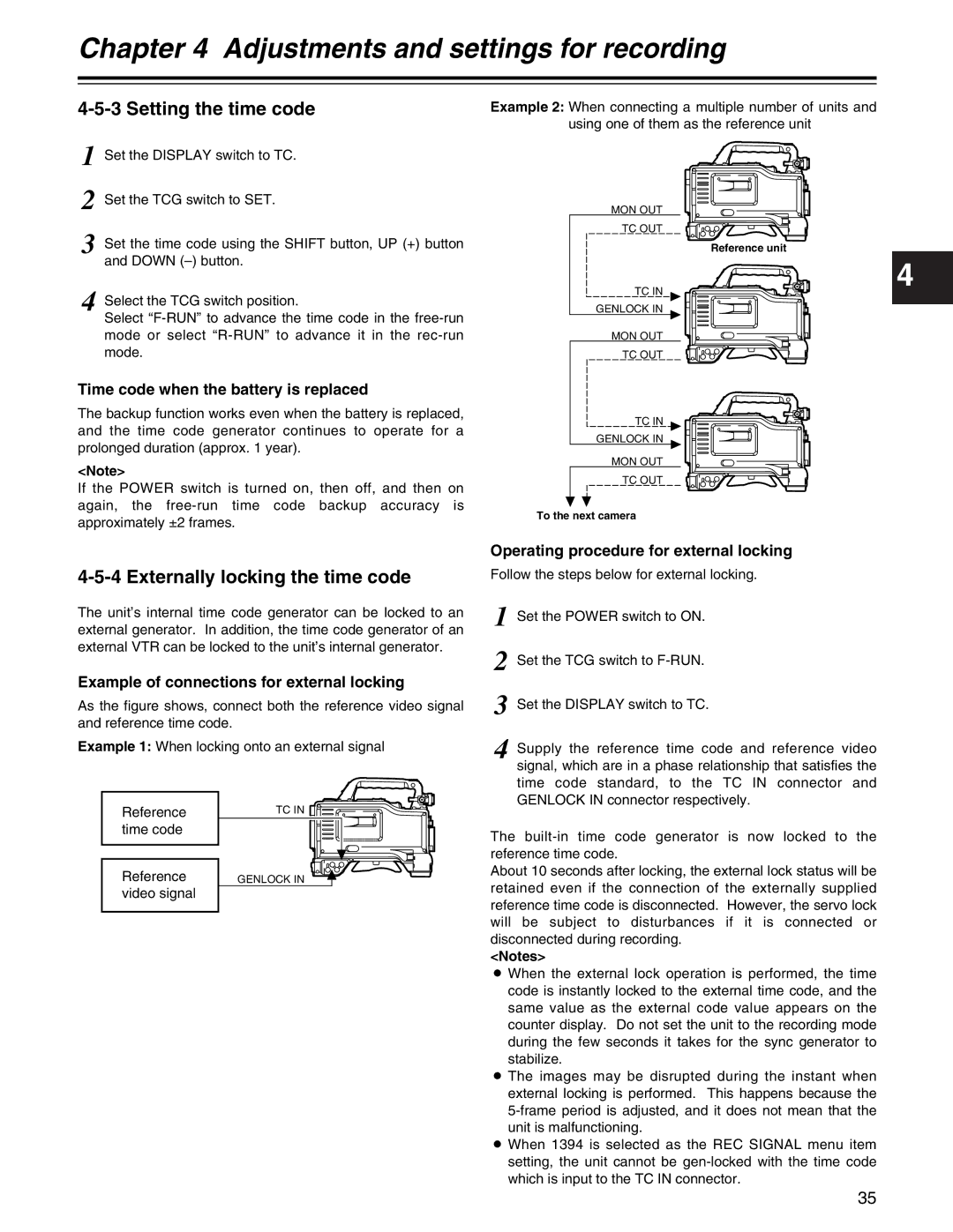 Panasonic AJ- E Setting the time code, Externally locking the time code, Time code when the battery is replaced 