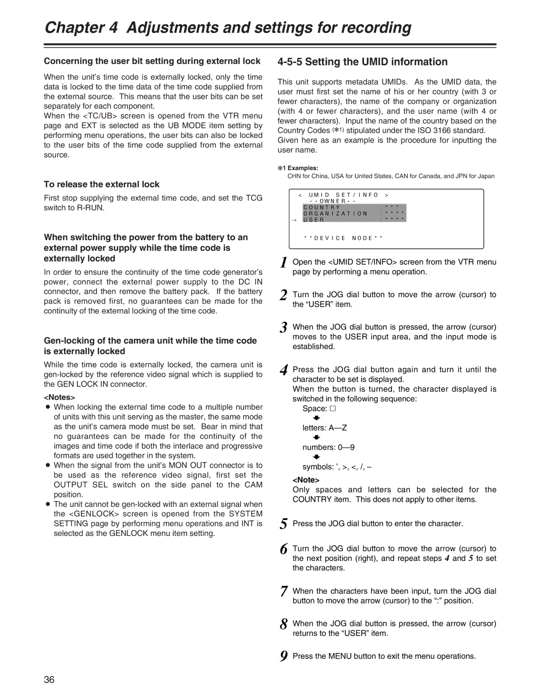 Panasonic AJ- E Setting the Umid information, Concerning the user bit setting during external lock, Examples 