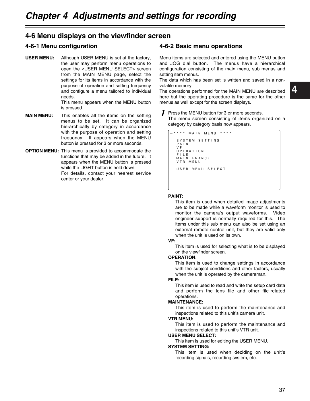 Panasonic AJ- E operating instructions Menu displays on the viewfinder screen, Menu configuration, Basic menu operations 