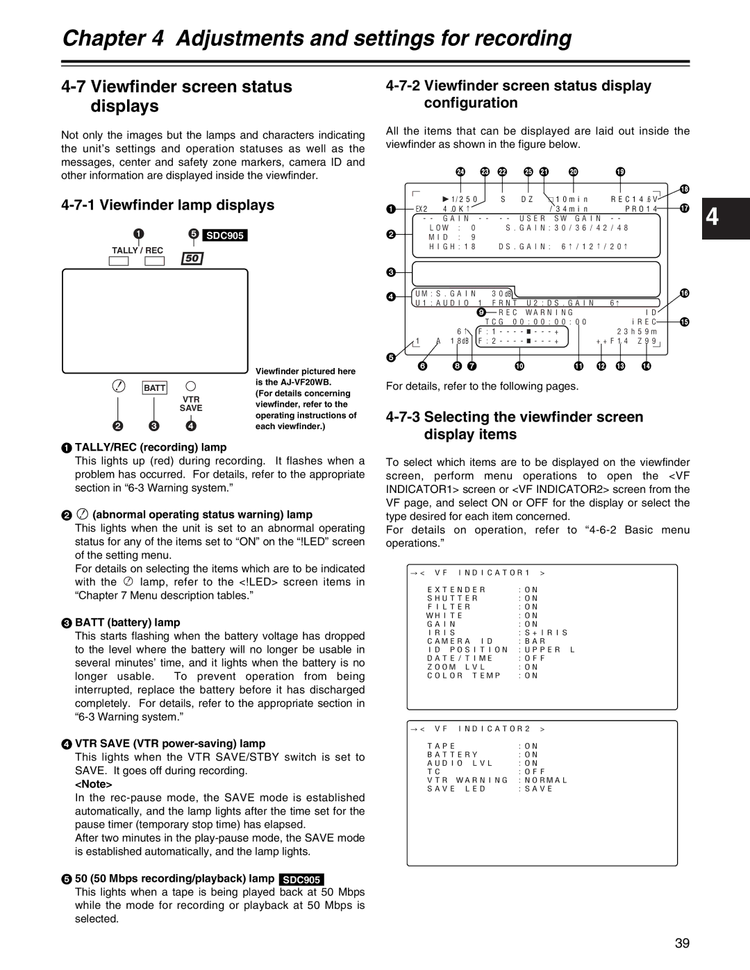 Panasonic AJ- E Viewfinder screen status displays, Viewfinder lamp displays, Selecting the viewfinder screen display items 