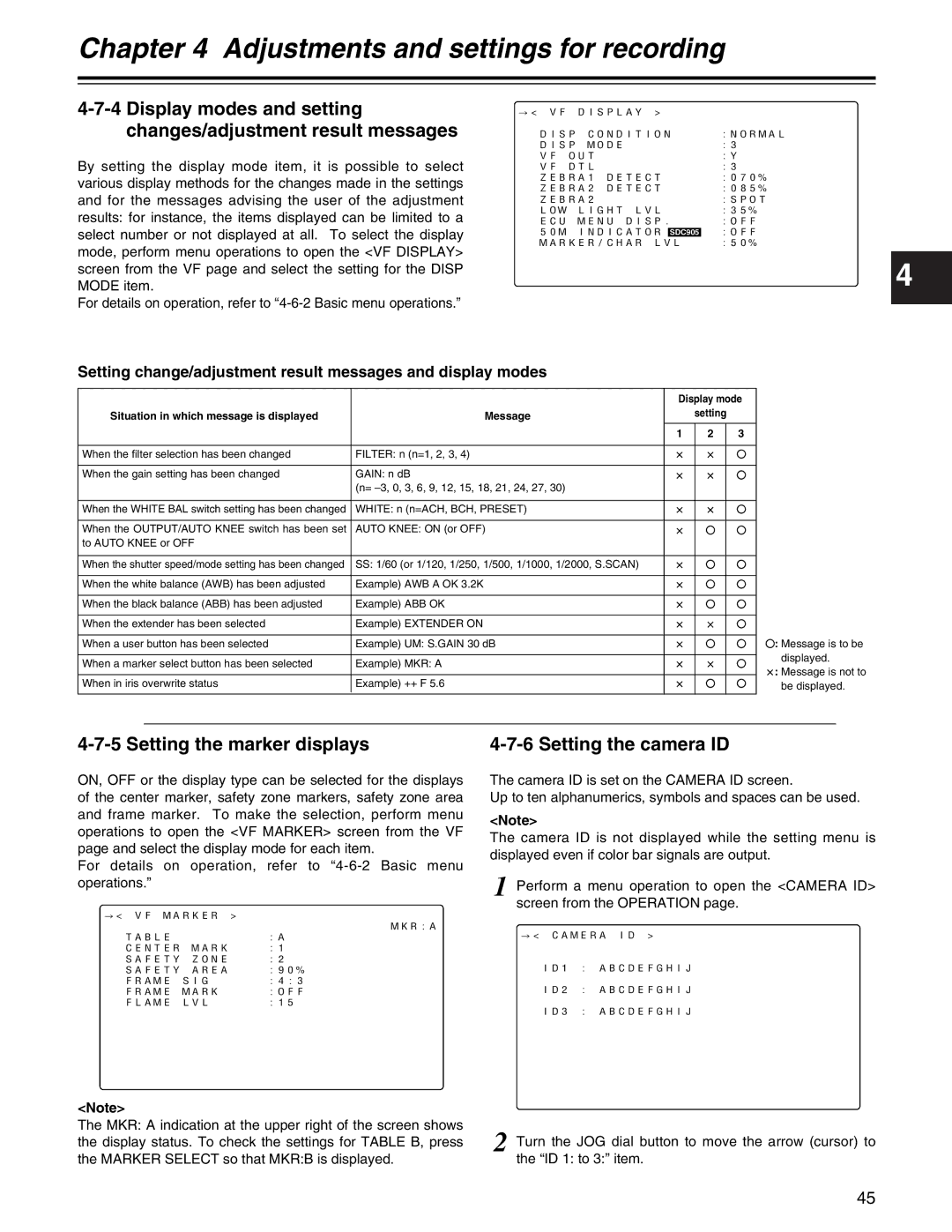 Panasonic AJ- E operating instructions Setting the marker displays, Setting the camera ID 