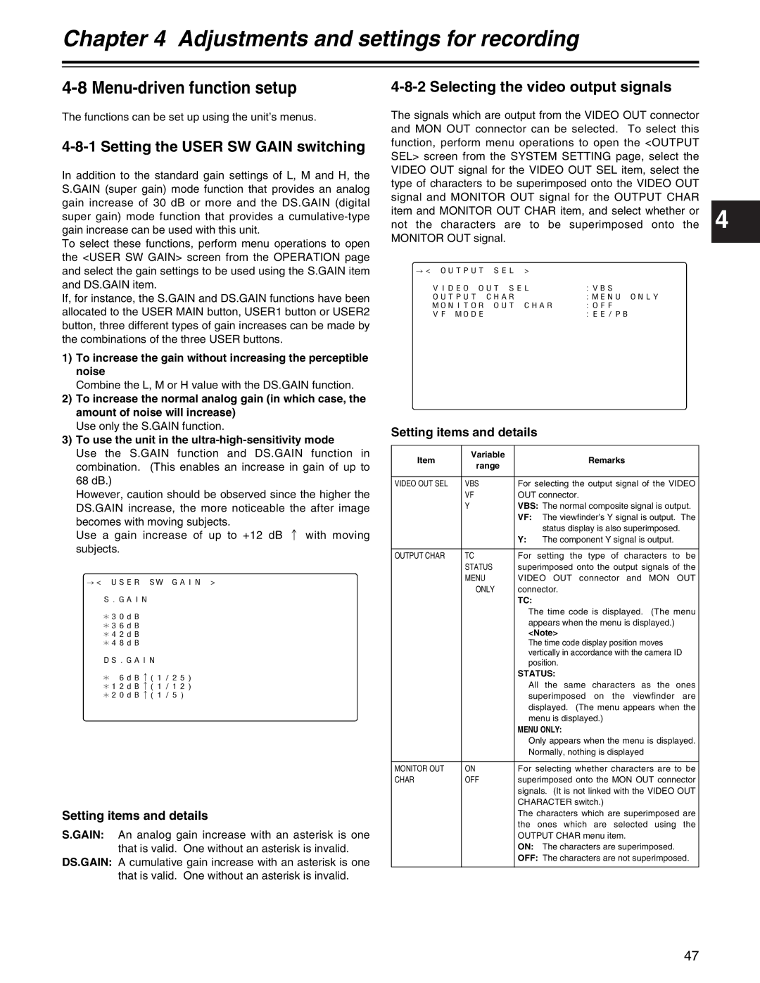 Panasonic AJ- E Menu-driven function setup, Setting the User SW Gain switching, Selecting the video output signals 