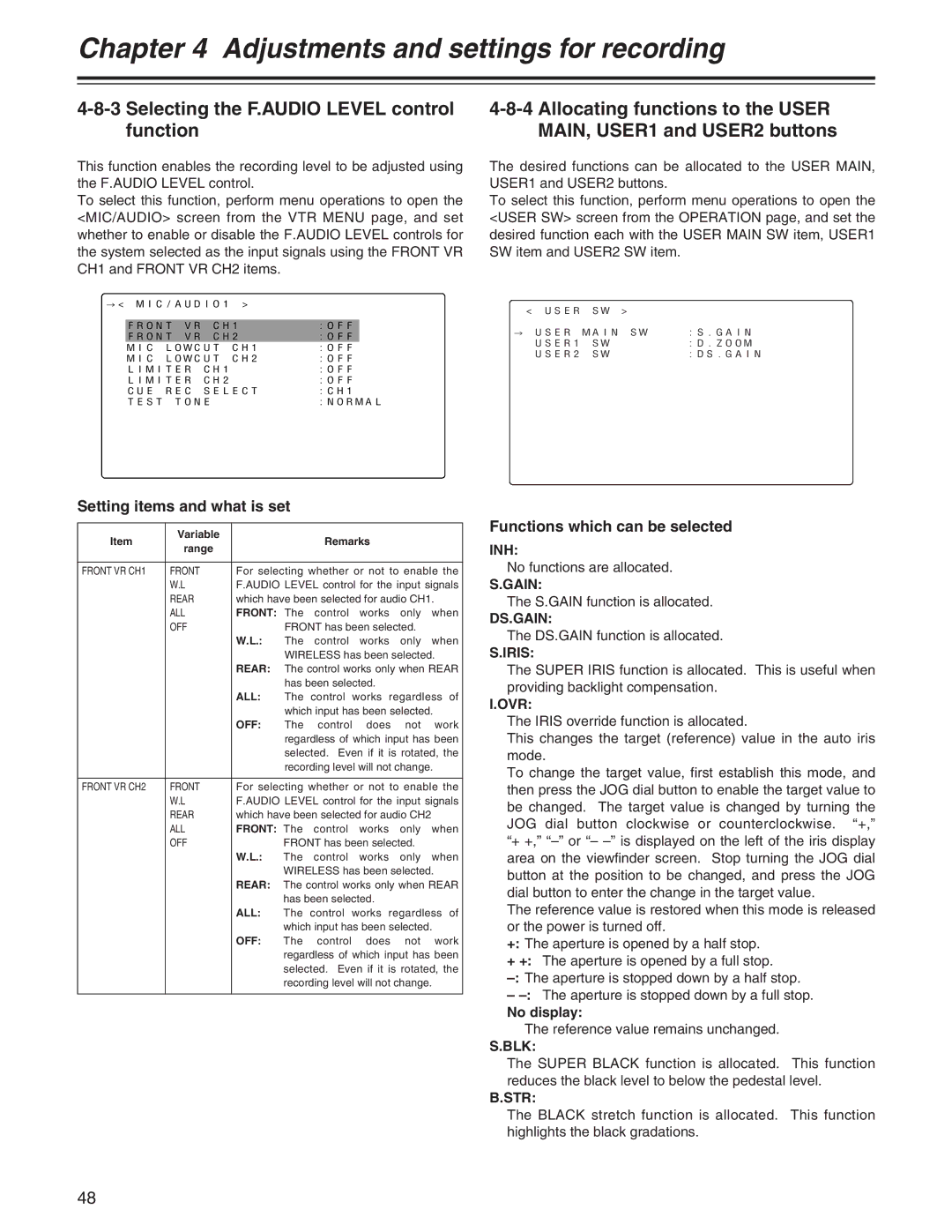 Panasonic AJ- E operating instructions Selecting the F.AUDIO Level control function, Setting items and what is set 