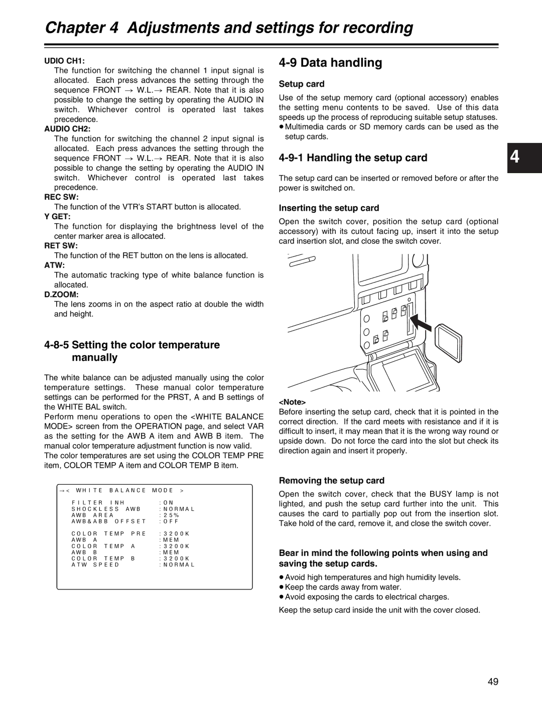 Panasonic AJ- E operating instructions Data handling, Setting the color temperature manually, Handling the setup card 