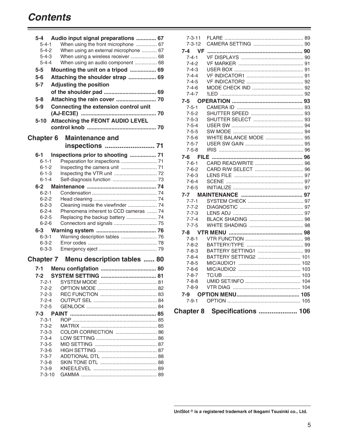 Panasonic AJ- E operating instructions Chapter Maintenance Inspections, Menu description tables, Specifications 106 