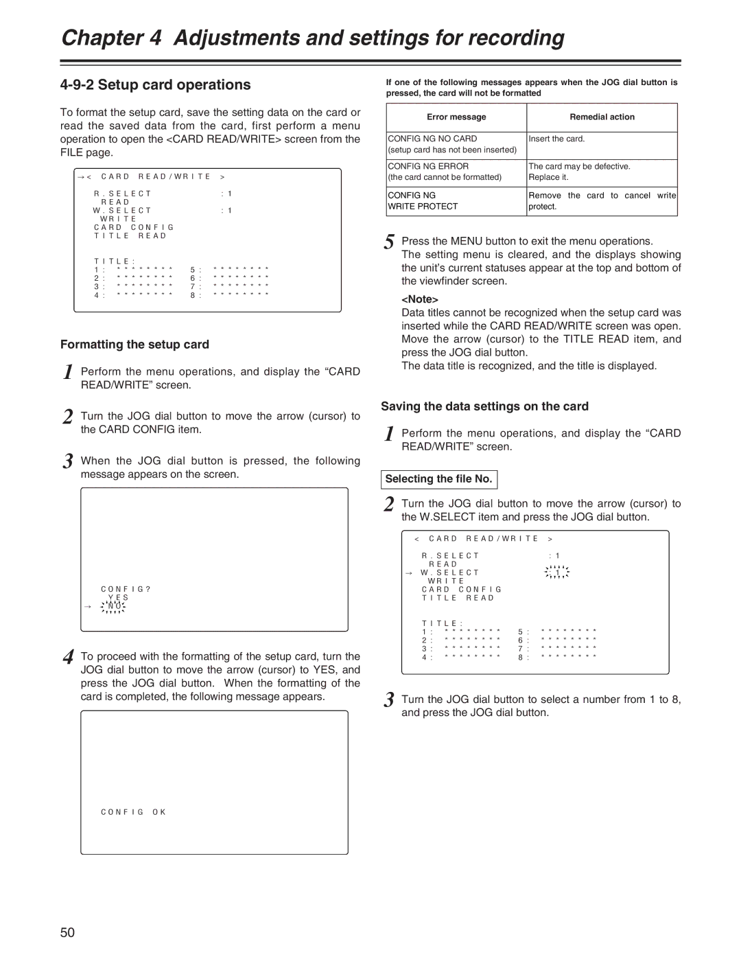 Panasonic AJ- E Setup card operations, Formatting the setup card, Saving the data settings on the card 