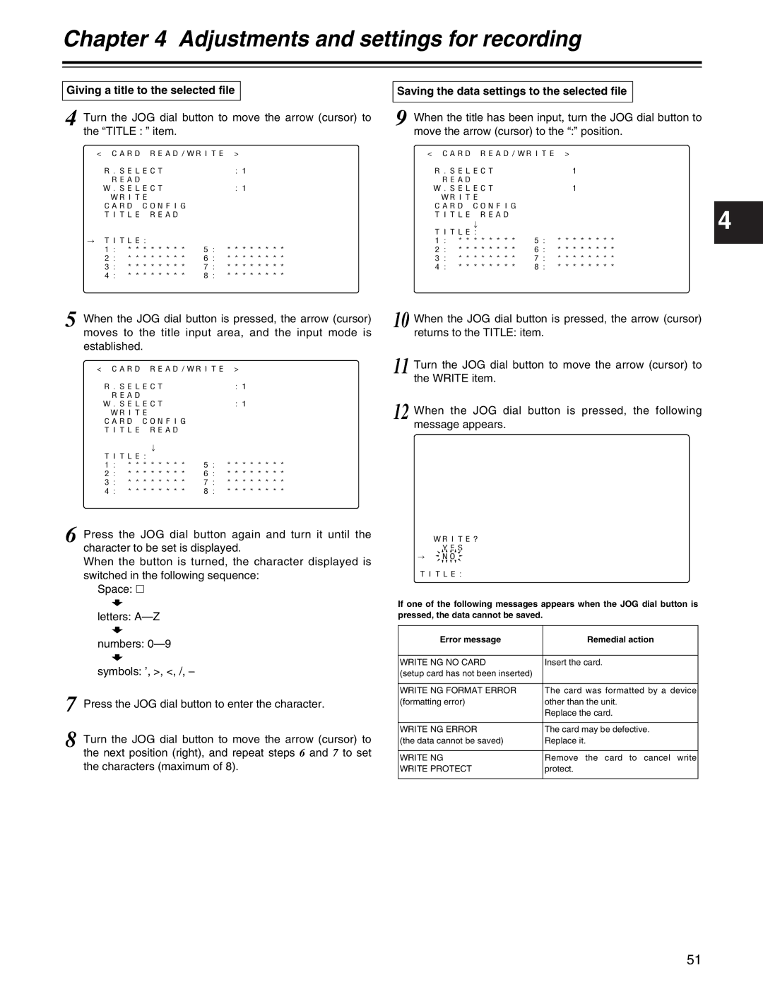 Panasonic AJ- E operating instructions Giving a title to the selected file, Saving the data settings to the selected file 