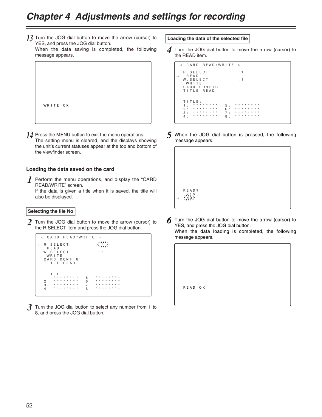 Panasonic AJ- E operating instructions Loading the data saved on the card, Loading the data of the selected file 