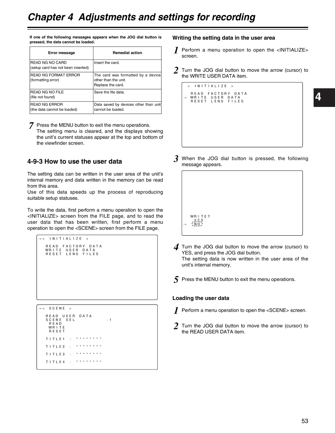 Panasonic AJ- E How to use the user data, Loading the user data, Writing the setting data in the user area 