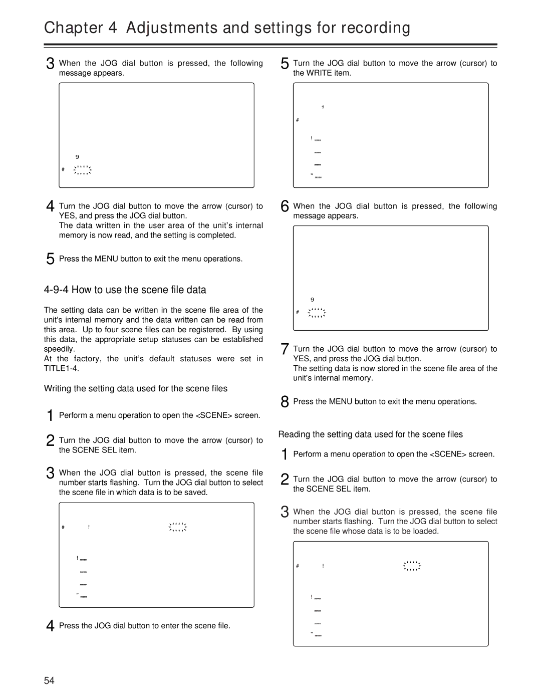 Panasonic AJ- E operating instructions How to use the scene file data, Writing the setting data used for the scene files 