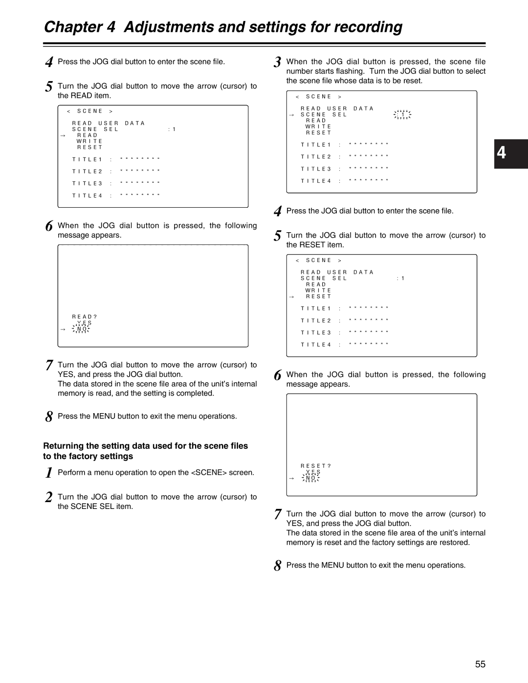 Panasonic AJ- E operating instructions Scene Read User Data # Scene SEL Write Reset # Read 