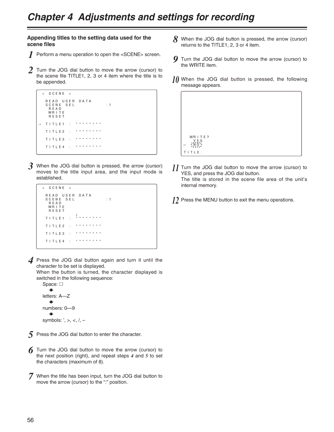 Panasonic AJ- E operating instructions Scene Read User Data Scene SEL Write Reset 