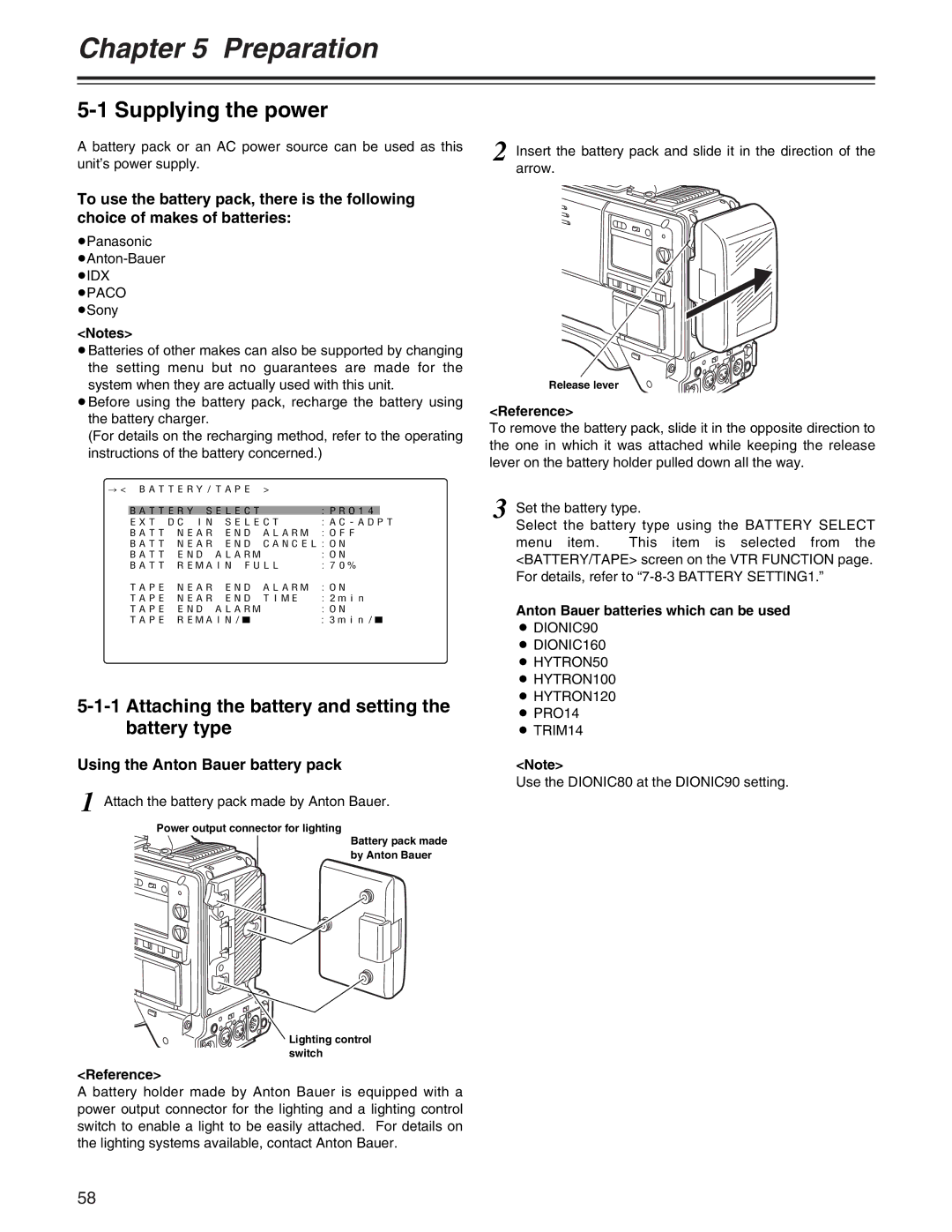 Panasonic AJ- E operating instructions Supplying the power, Attaching the battery and setting the battery type, Reference 