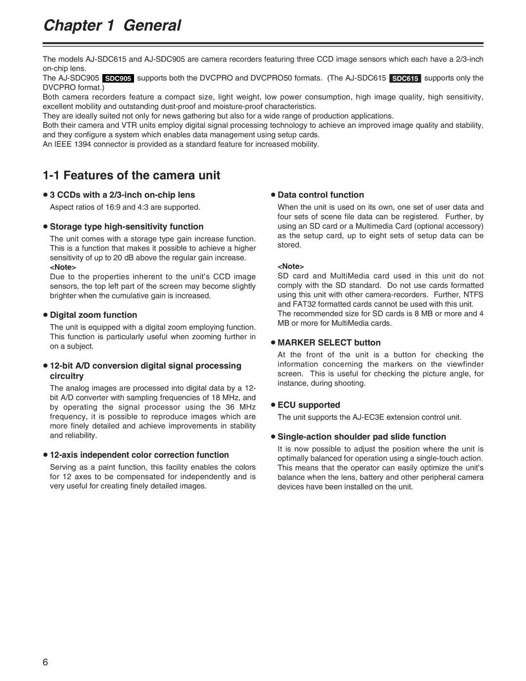 Panasonic AJ- E operating instructions Features of the camera unit 