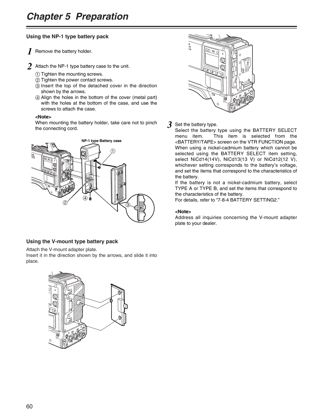 Panasonic AJ- E Using the NP-1 type battery pack, Using the V-mount type battery pack, NP-1 type Battery case 