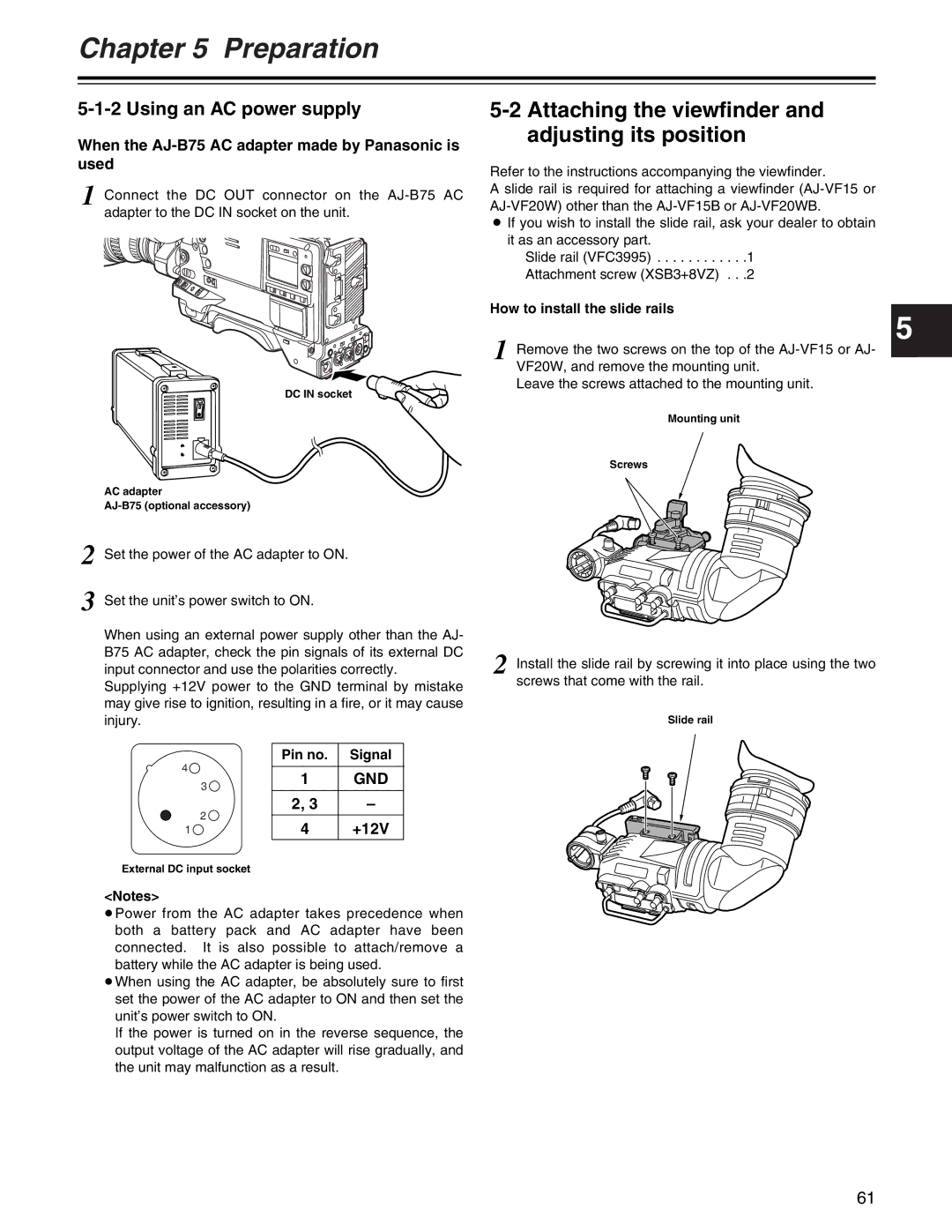 Panasonic AJ- E operating instructions Attaching the viewfinder and adjusting its position, Using an AC power supply, +12V 