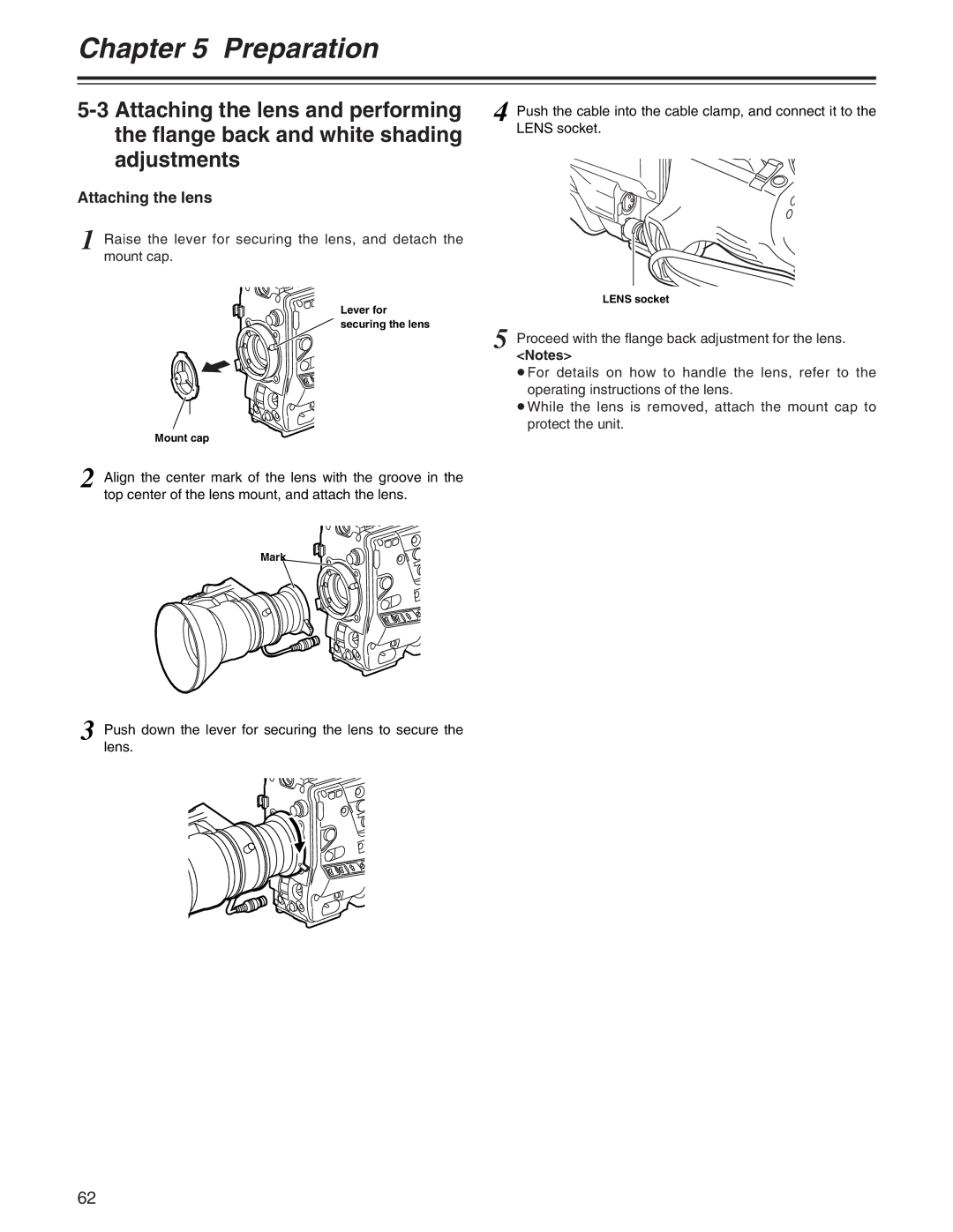 Panasonic AJ- E operating instructions Attaching the lens, Lens socket Lever for Securing the lens Mount cap, Mark 