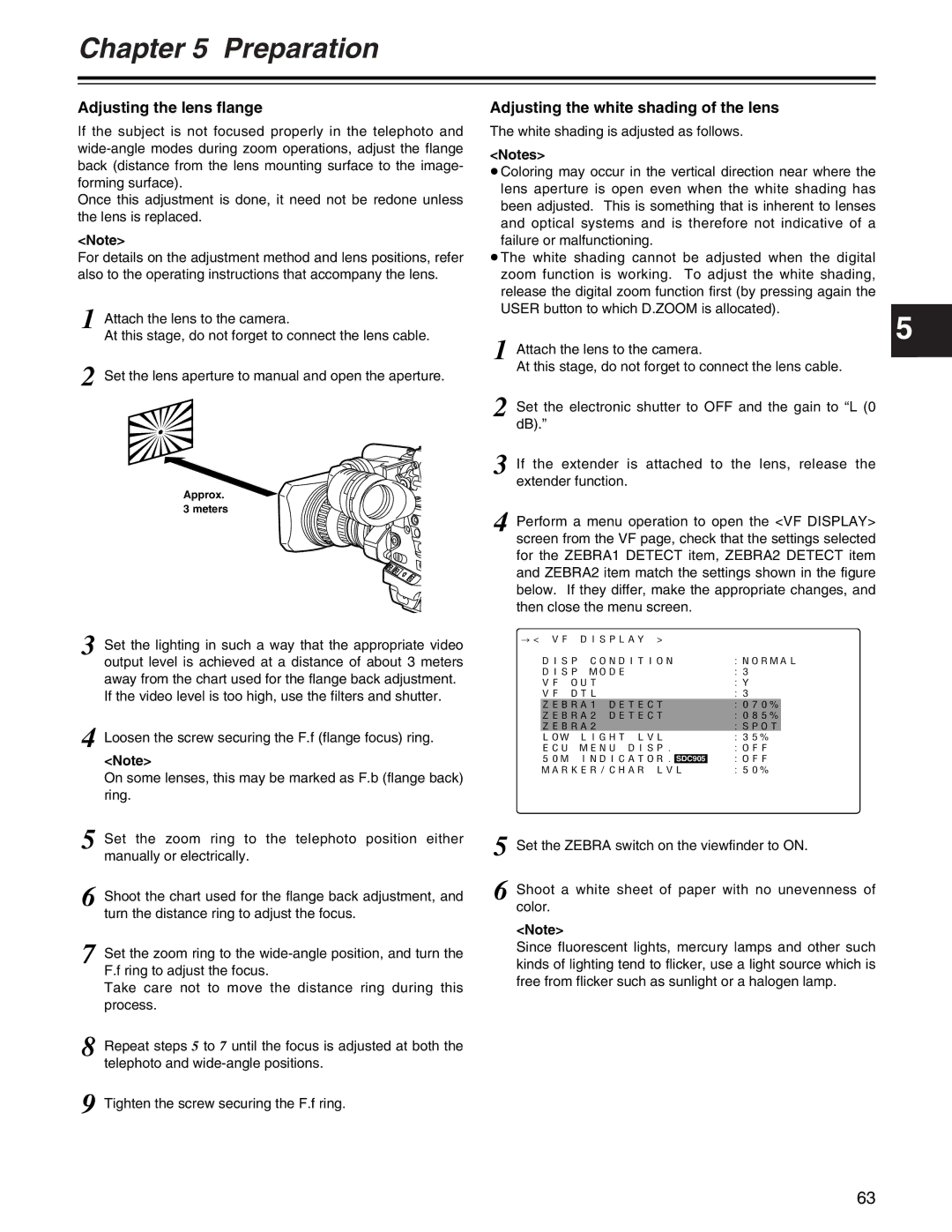 Panasonic AJ- E operating instructions Adjusting the lens flange, Adjusting the white shading of the lens, Approx meters 