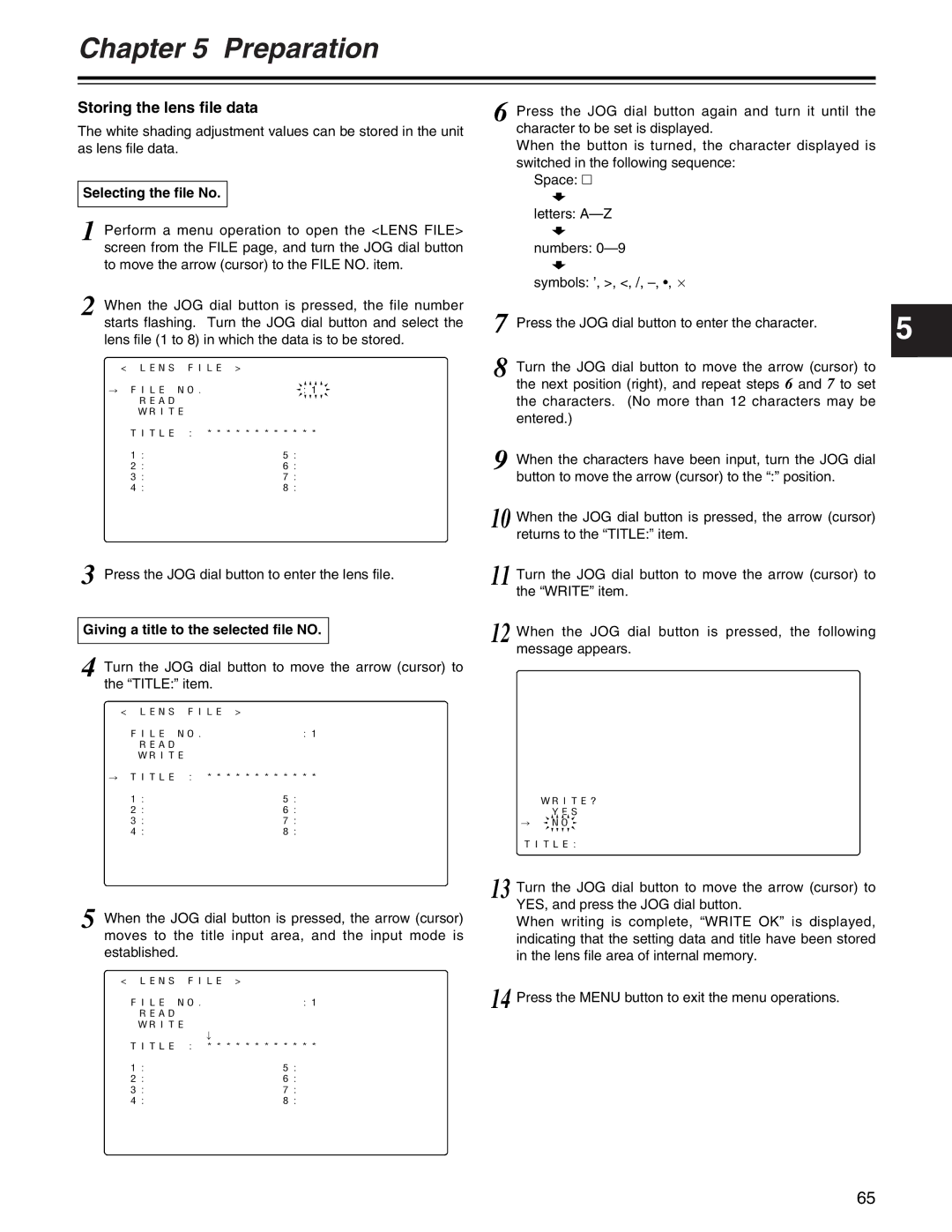 Panasonic AJ- E operating instructions Storing the lens file data, Giving a title to the selected file no 