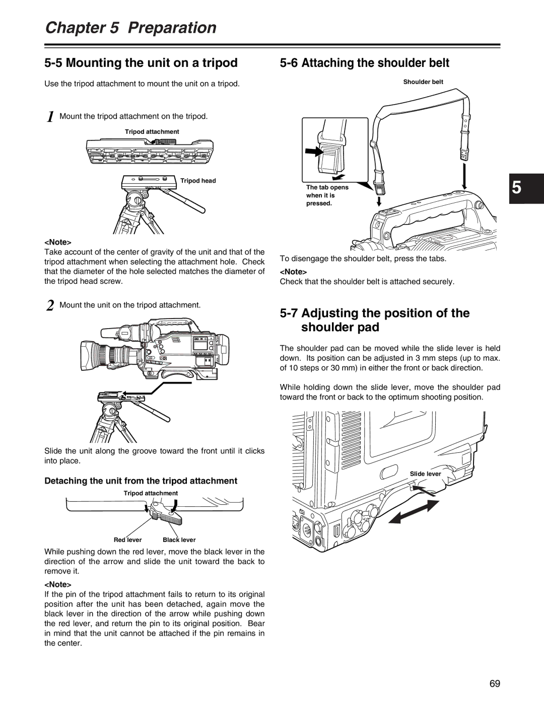 Panasonic AJ- E Mounting the unit on a tripod, Attaching the shoulder belt, Adjusting the position of the shoulder pad 