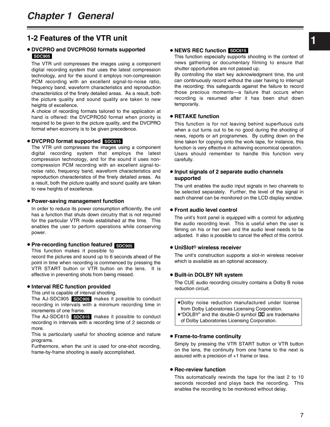 Panasonic AJ- E operating instructions Features of the VTR unit 