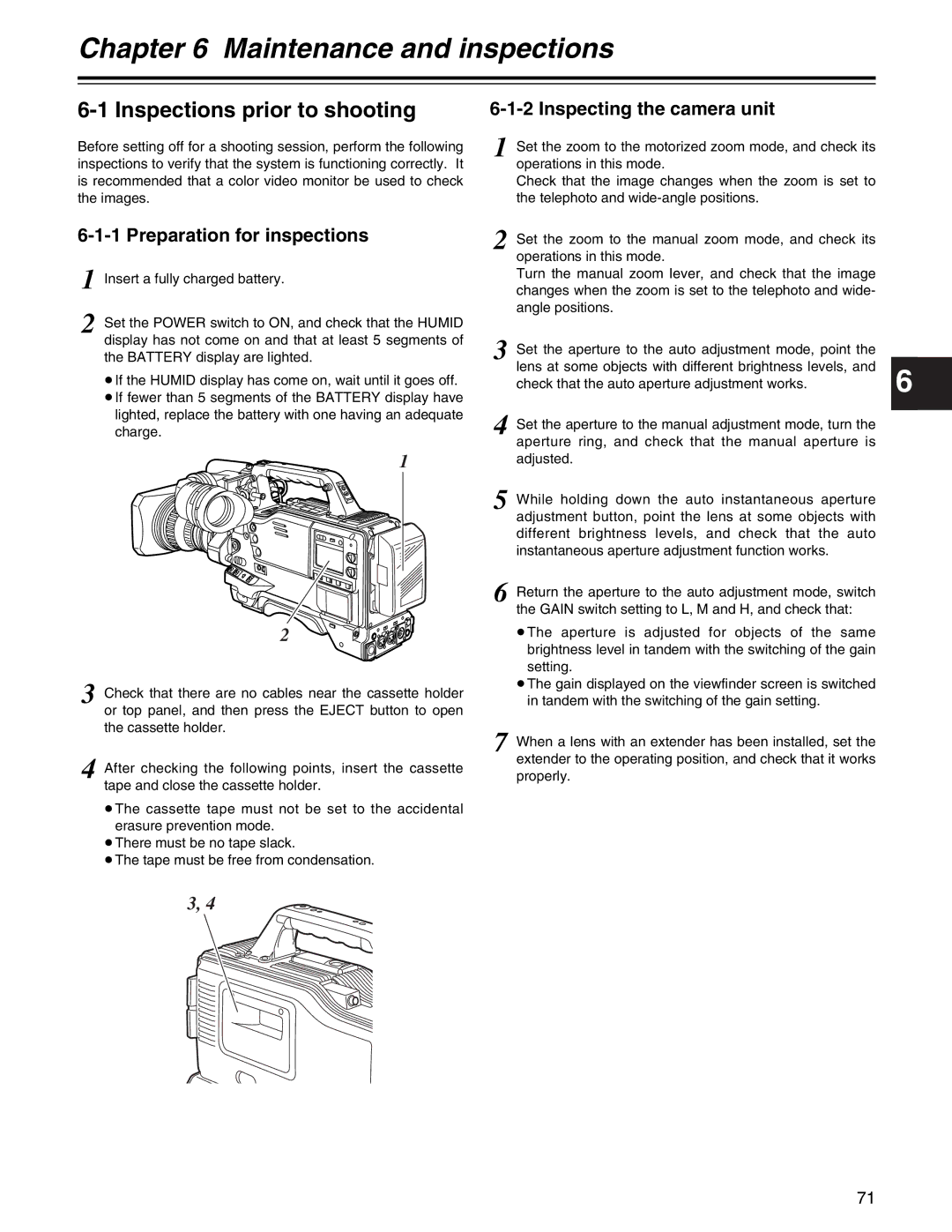 Panasonic AJ- E Inspections prior to shooting, Preparation for inspections, Inspecting the camera unit 