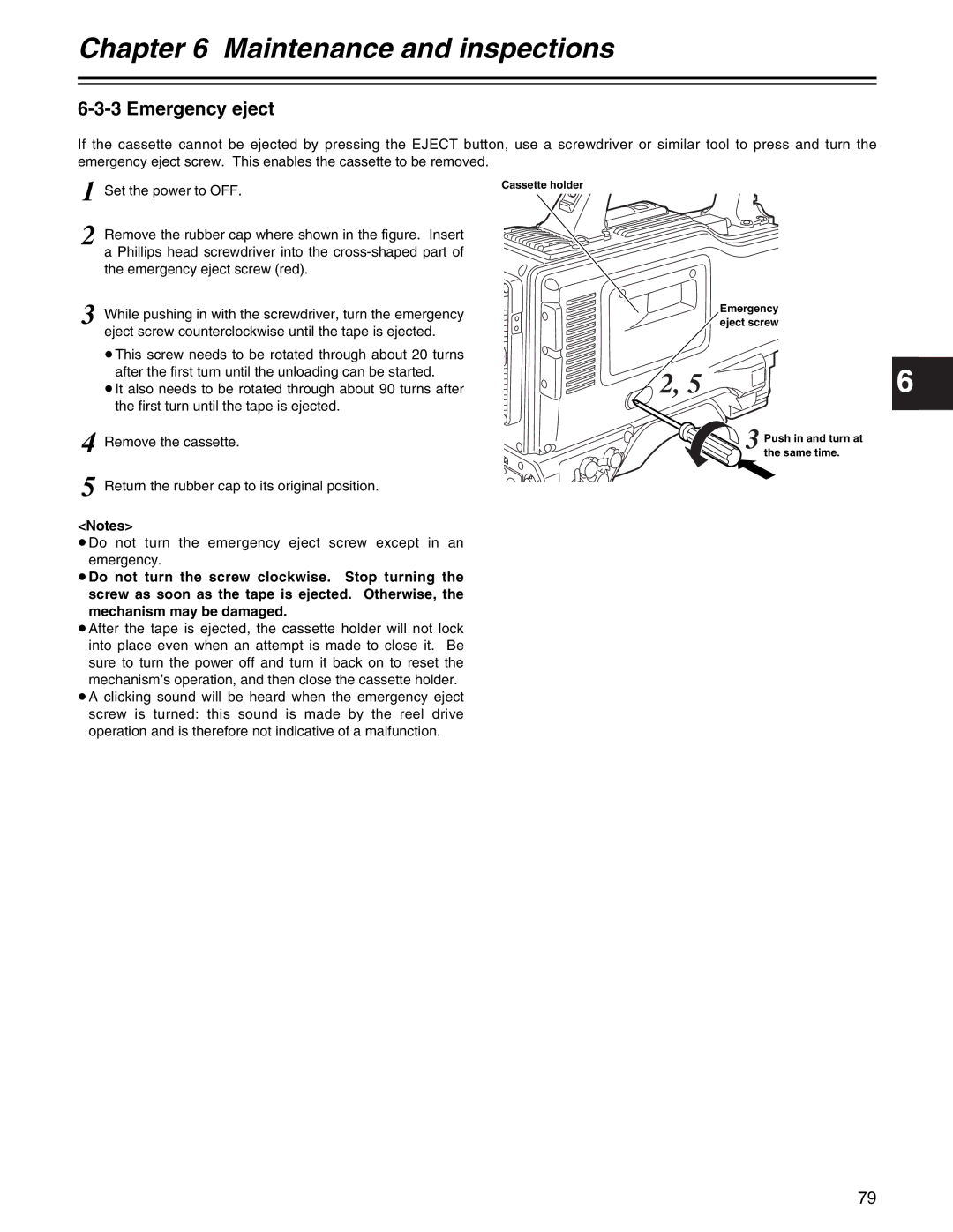 Panasonic AJ- E operating instructions Emergency eject, Eject screw, Push in and turn at, Same time 