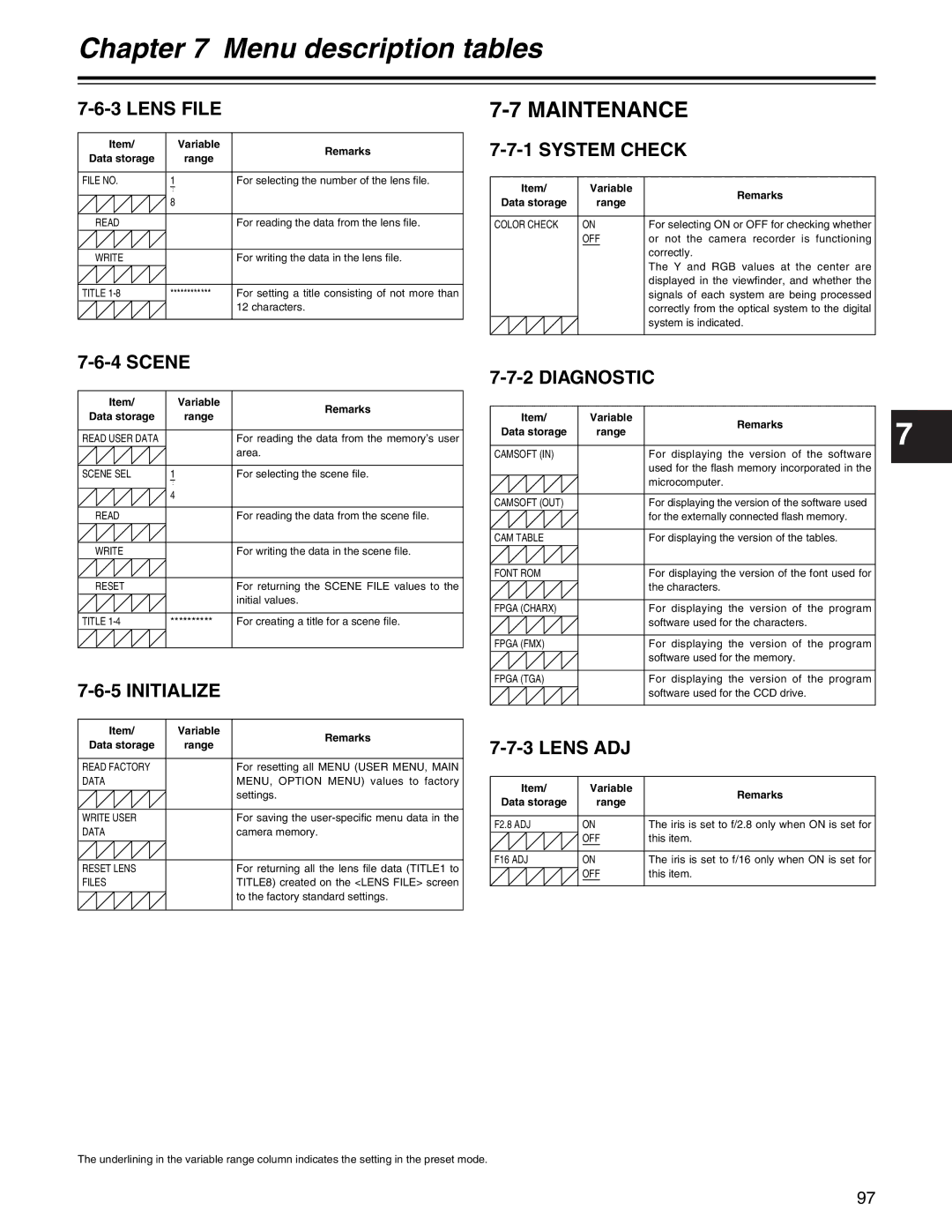 Panasonic AJ- E operating instructions Lens File, System Check, Initialize, Diagnostic 