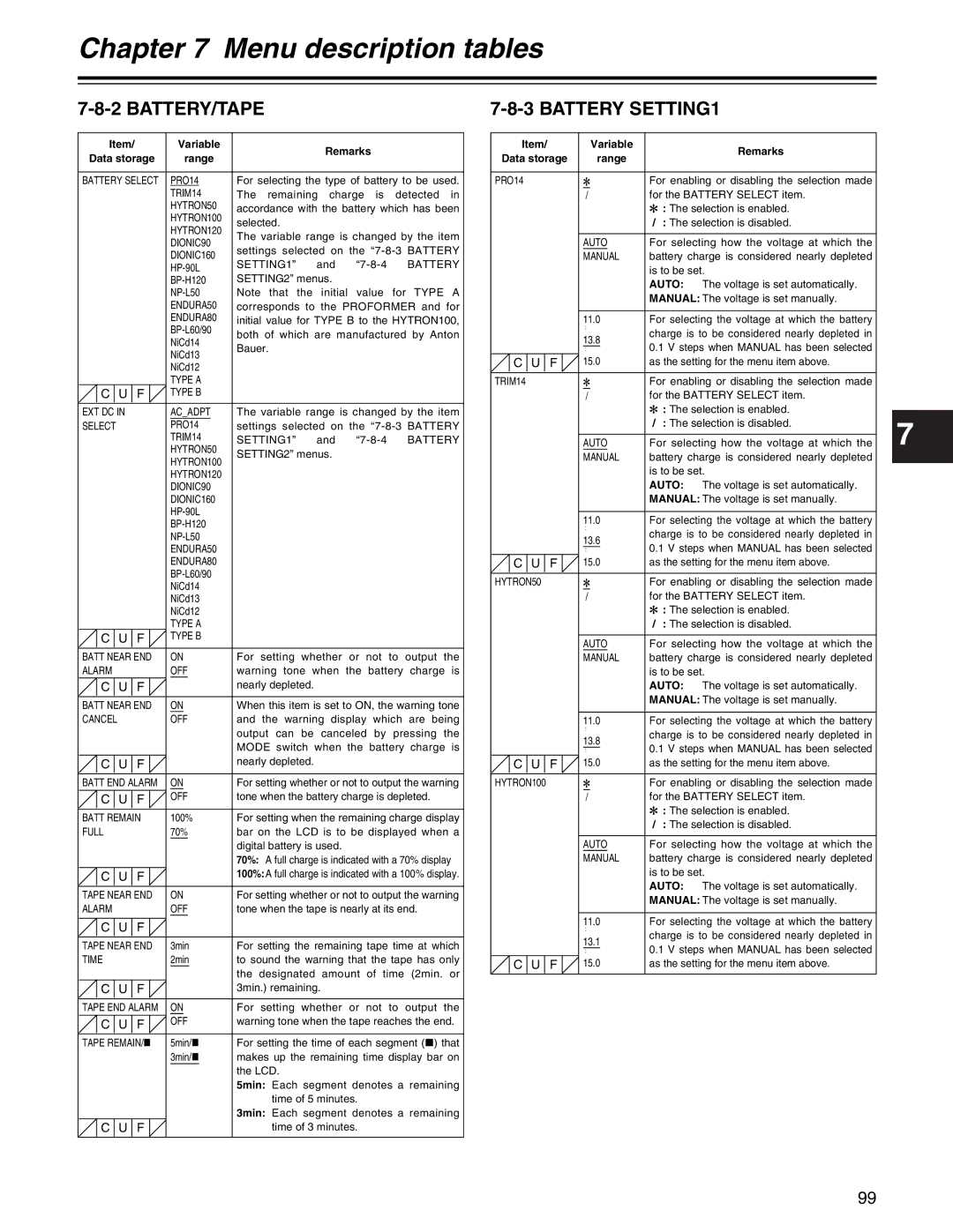 Panasonic AJ- E operating instructions Battery/Tape, Battery SETTING1, Data storage Range 