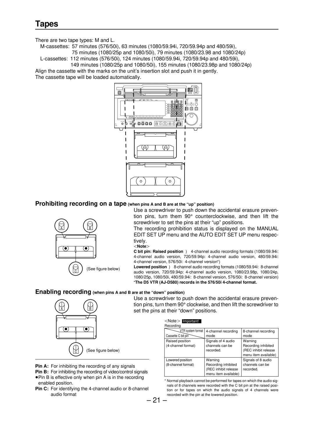 Panasonic AJ- HD3700B manual Tapes, ONoteN 