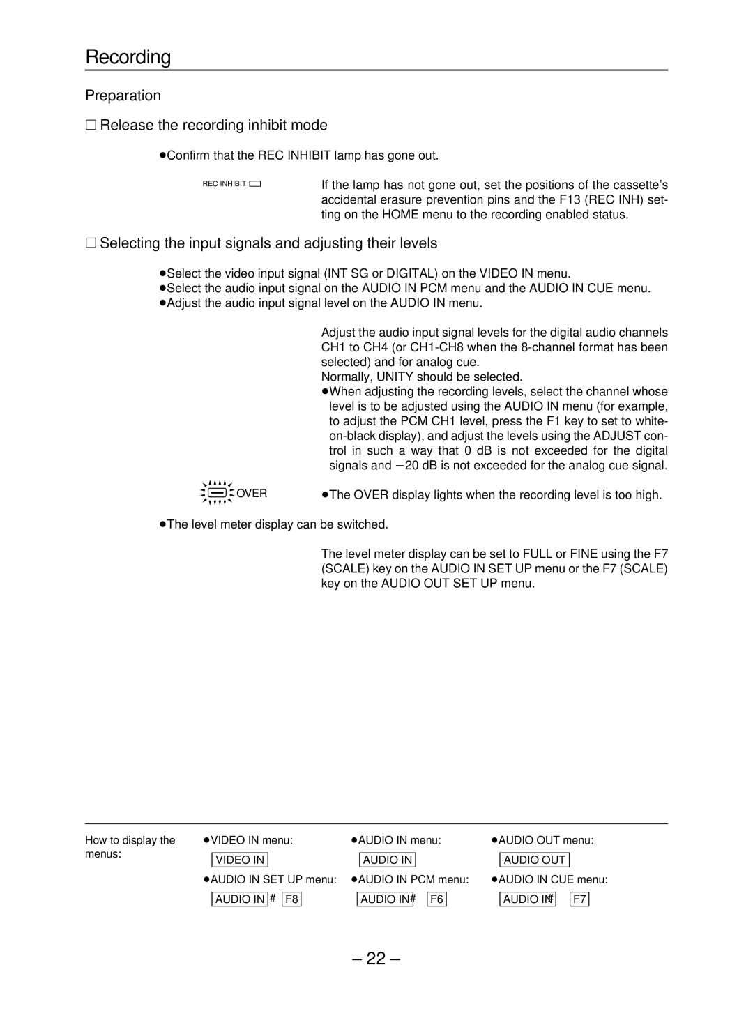 Panasonic AJ- HD3700B manual Recording, Preparation ∑ Release the recording inhibit mode 