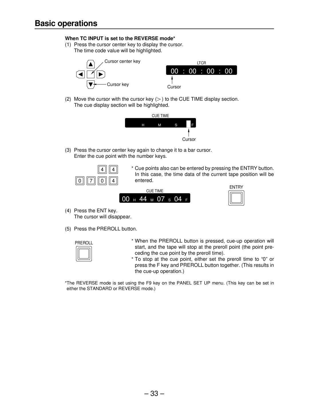 Panasonic AJ- HD3700B When TC Input is set to the Reverse mode, Ceding the cue point by the preroll time, Cue-up operation 