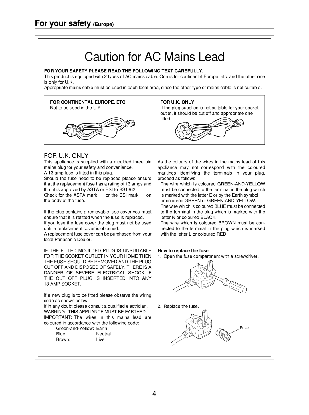 Panasonic AJ- HD3700B manual For your safety Europe, For Your Safety Please Read the Following Text Carefully 