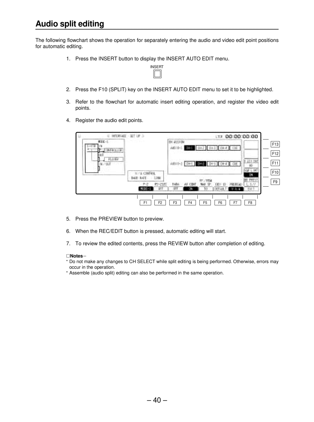 Panasonic AJ- HD3700B manual Audio split editing, ONotesN 