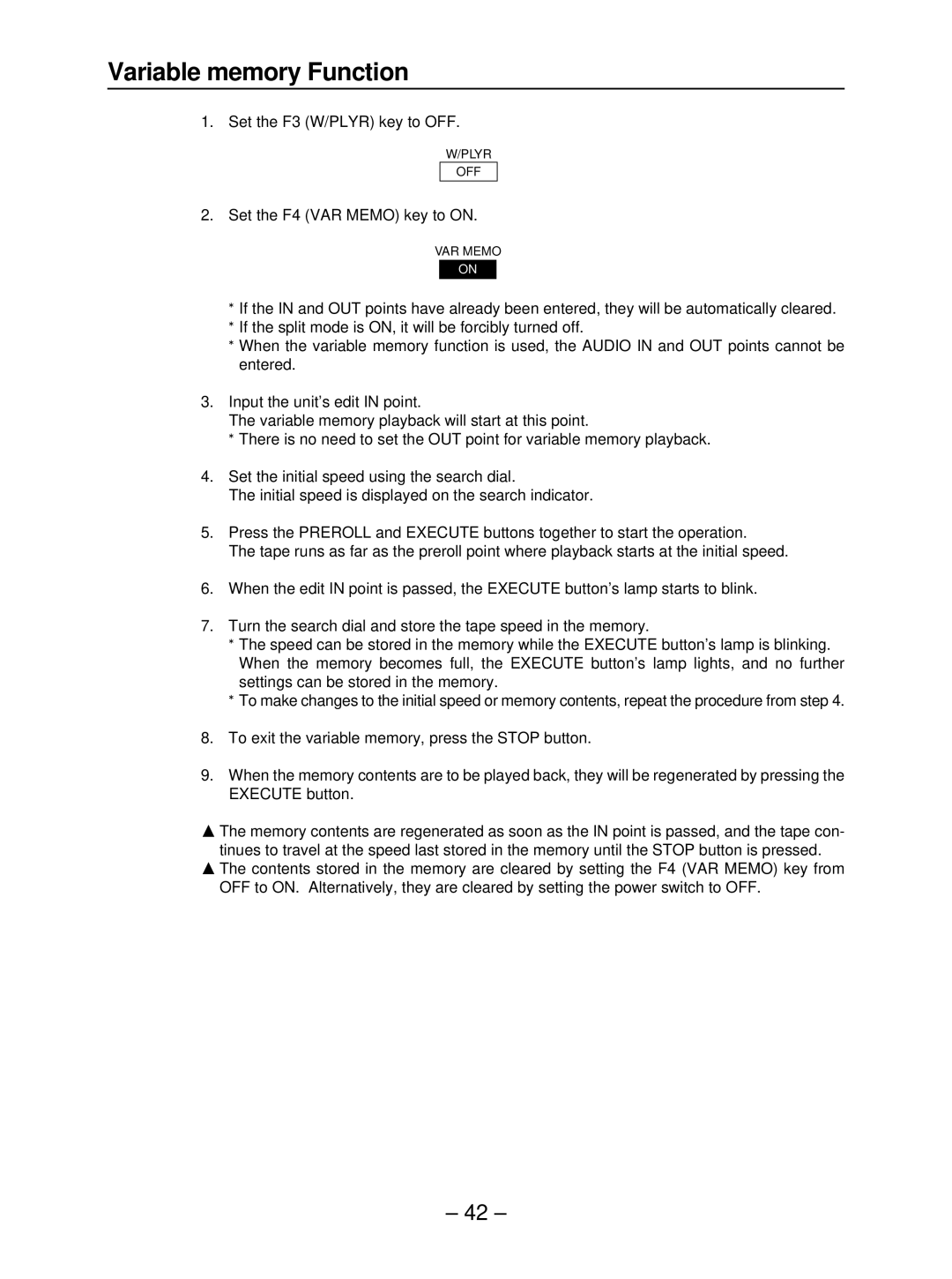 Panasonic AJ- HD3700B manual Variable memory Function, Set the F3 W/PLYR key to OFF, Set the F4 VAR Memo key to on 