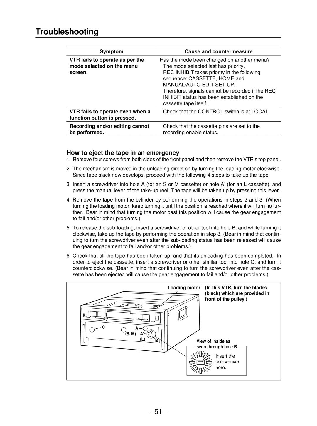 Panasonic AJ- HD3700B manual Troubleshooting, How to eject the tape in an emergency 