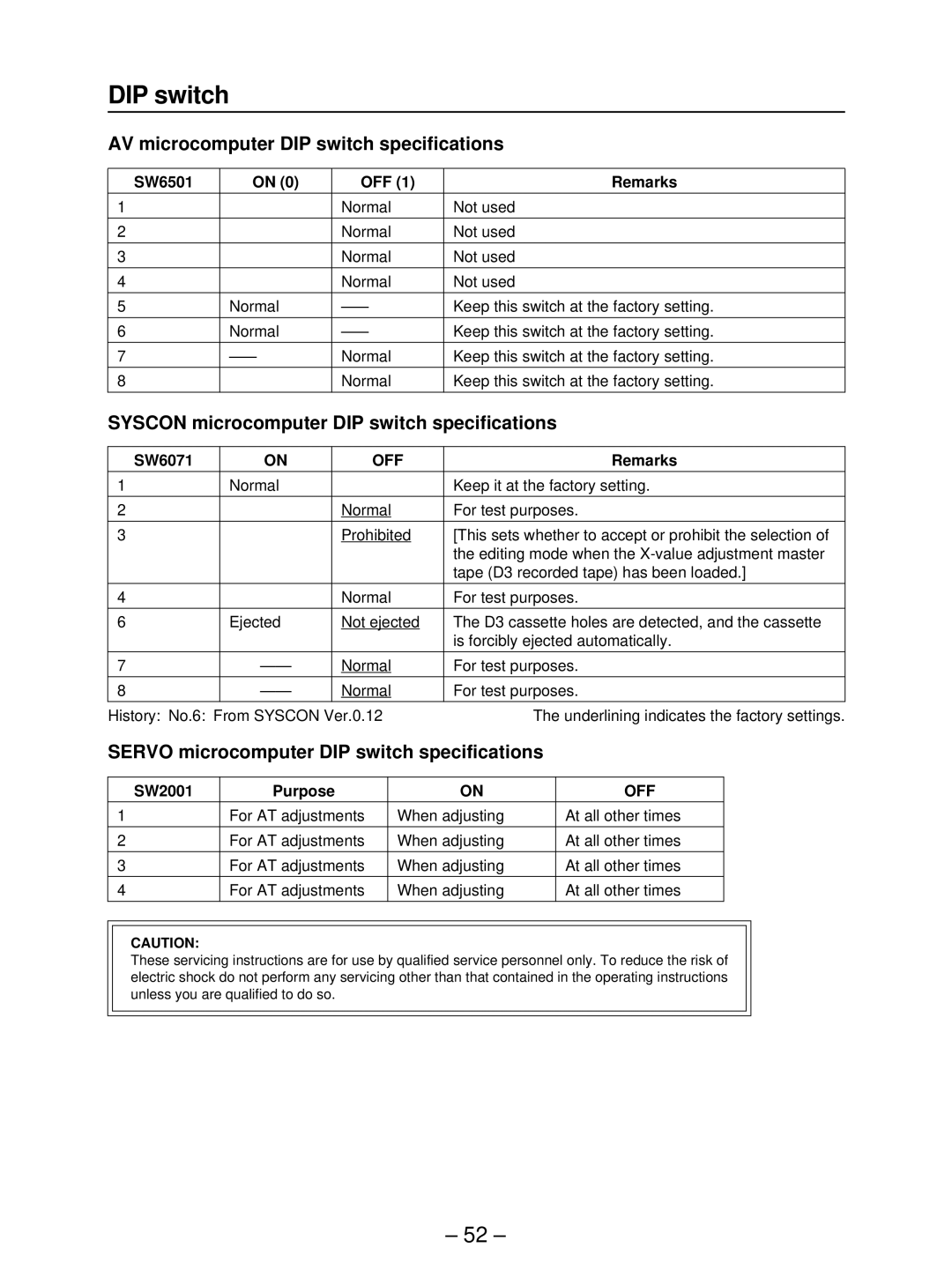 Panasonic AJ- HD3700B AV microcomputer DIP switch specifications, Syscon microcomputer DIP switch specifications, Off 